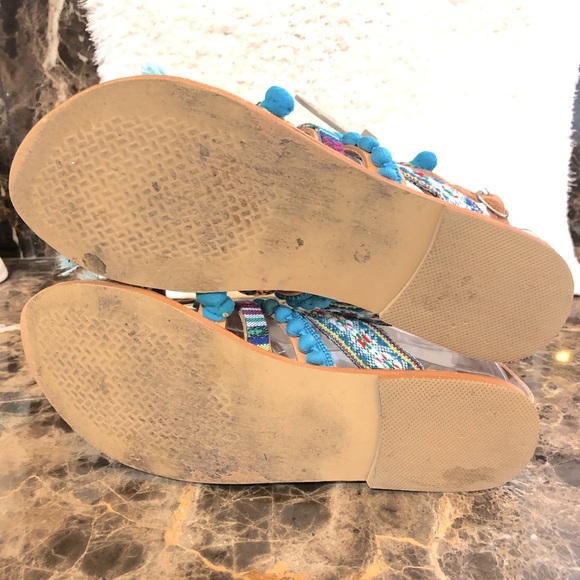 Embellished Greek Leather POMPOM Sandals-Sz 39/8.5 - Picture 6 of 7